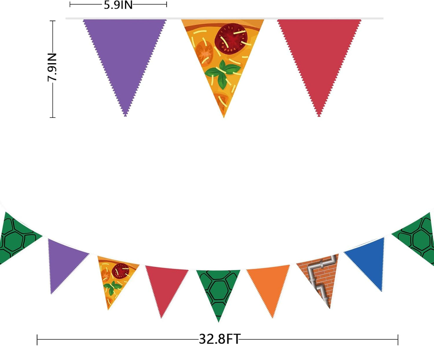 32Ft Cartoon Turtle Party Decorations Pizza and Brick Wall Triangle Flag Pennant Banner Fabric Garland Streamer for Kids Boys Superhero Birthday Turtle Baby Shower Video Games Party Decor Supplies