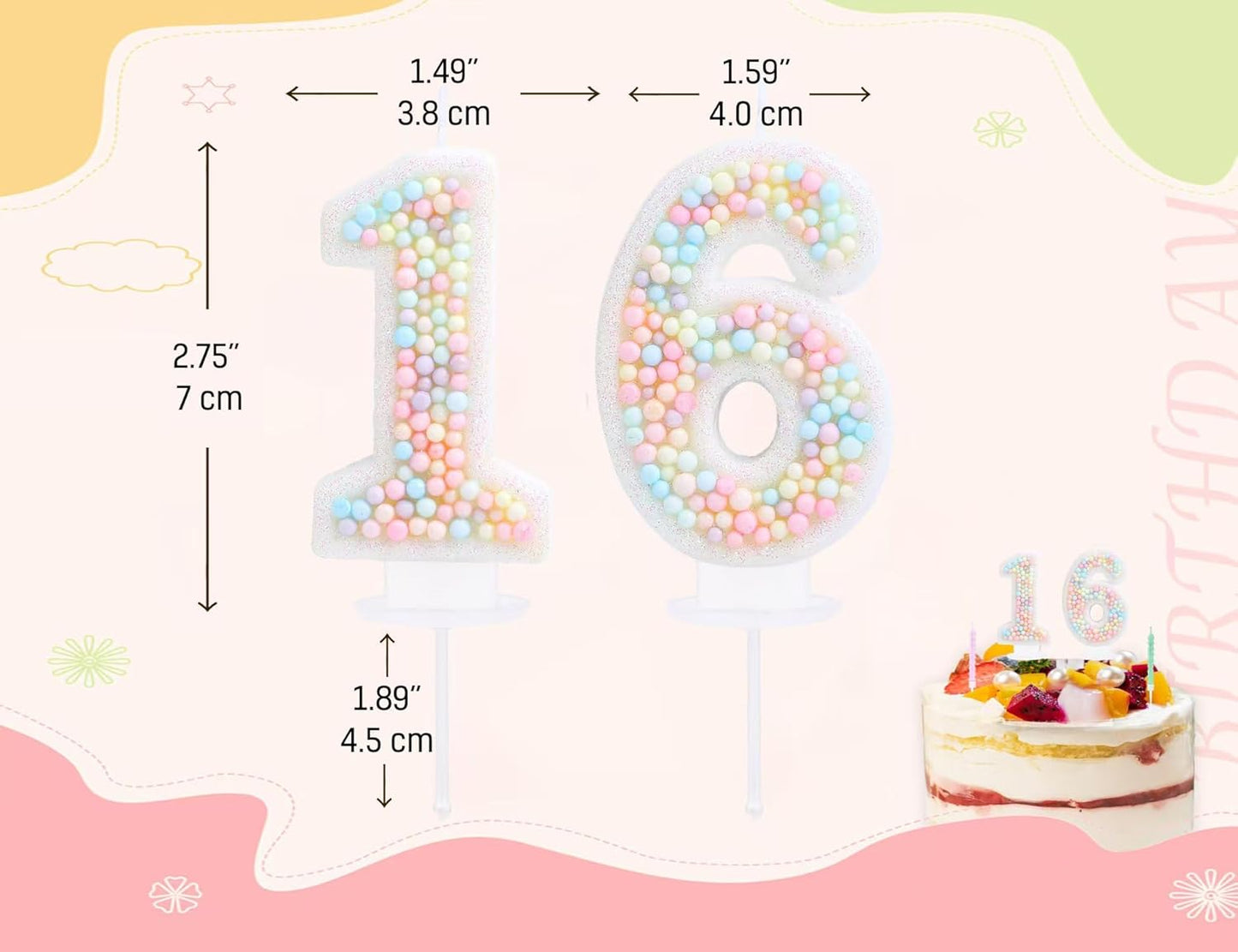 Sweet 16 Birthday Candle Macaron Glitter 3D Number 16 Candles for Birthday Cakes Girl Women Pastel Theme Sixteen Years Old Birthday Wedding Anniversary Party Cake Decoration