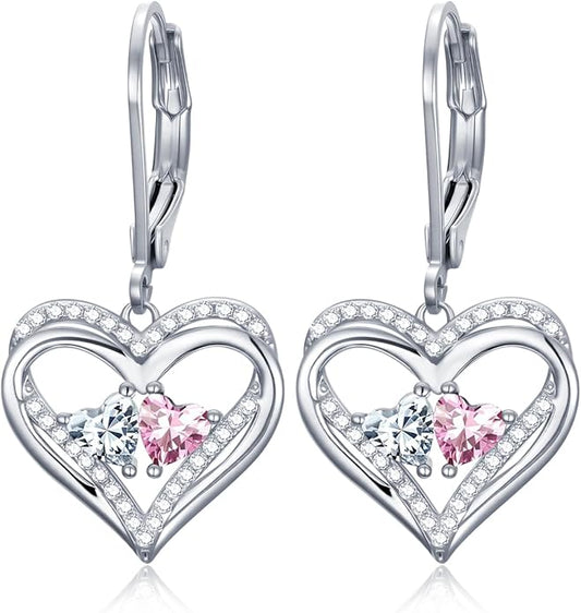 Valentines Day Gifts for Women, Heart Leverback Earrings Double Birthstone Dangle Earrings for Women, Love Jewelry for Her, Anniversary Birthday Gift for Mom Wife Girlfriend