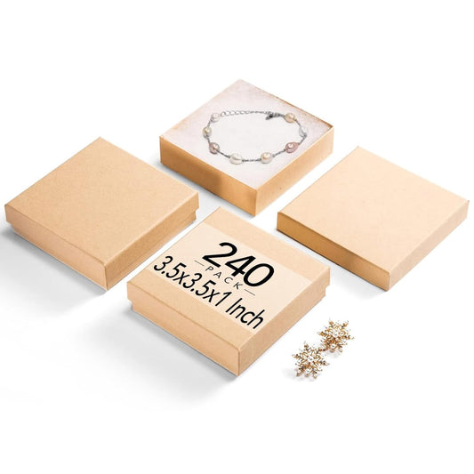 MESHA Jewelry Boxes 3.5x3.5x1 Inch 240 Pcs, Matte Small Gift Box Cardboard Jewelry Boxes with Cotton Filled and Lids, Jewelry Box Bulk for Small Business Packing Necklace, Earring Brown