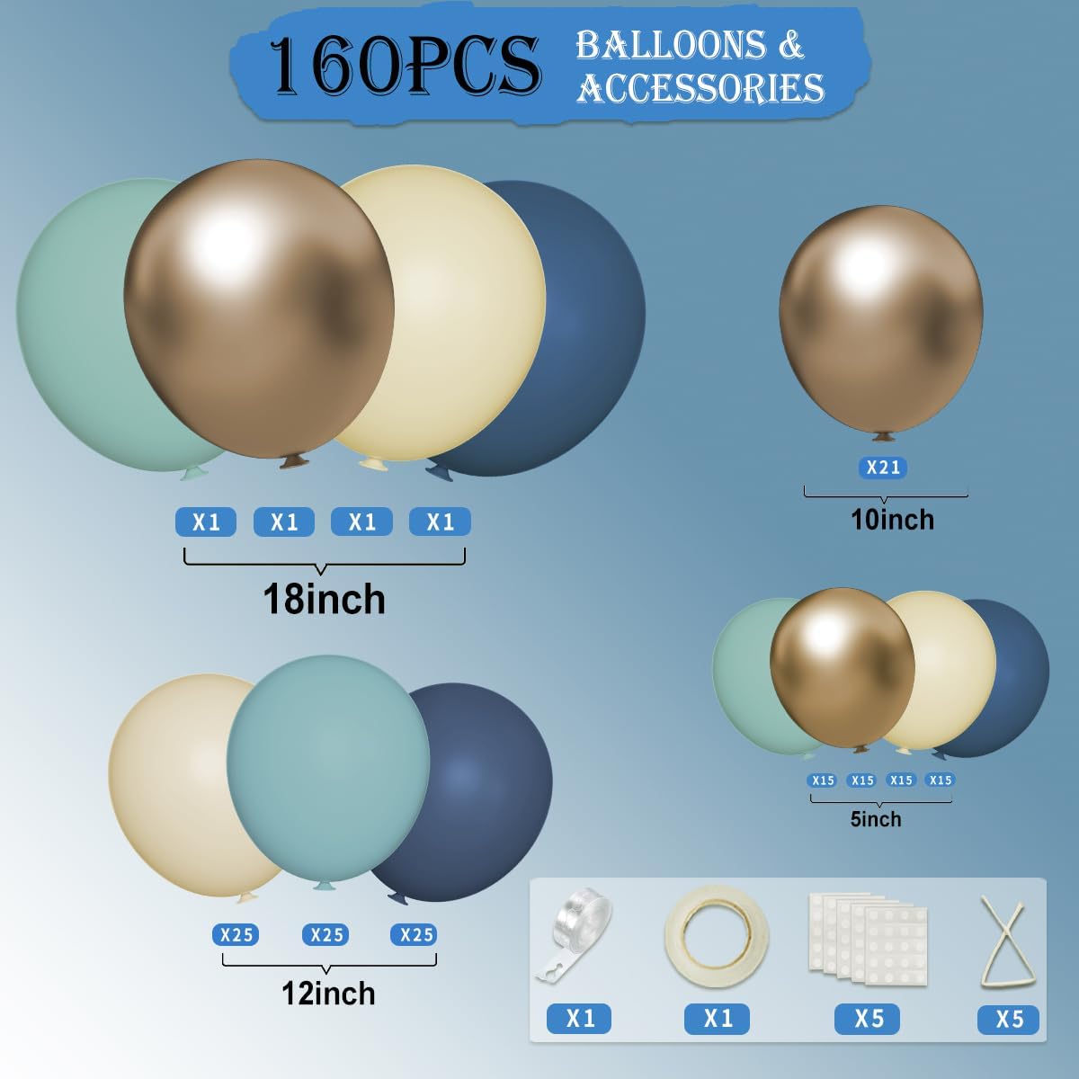 Dusty Blue Yellow Gold Balloon Garland Arch Kit, 160Pcs Boho Retro Blue Pastel Blue Macaroon Yellow Metallic Gold Balloons for Baby Shower Birthday Wedding Party Decoration