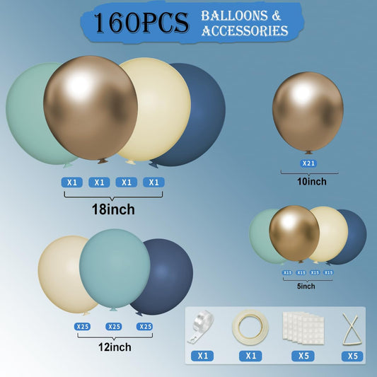 Dusty Blue Yellow Gold Balloon Garland Arch Kit, 160Pcs Boho Retro Blue Pastel Blue Macaroon Yellow Metallic Gold Balloons for Baby Shower Birthday Wedding Party Decoration
