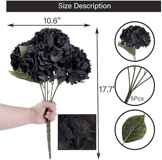 2Bouquets Artificial Fake Flowers Plants Silk Hydrangea Arrangements Wedding Bouquets Decorations Plastic Floral Home Kitchen Garden Party Festival Bar DIY (Black)