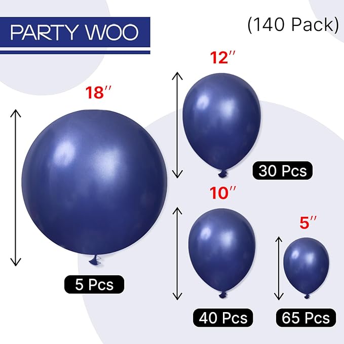 PartyWoo Navy Blue Balloons 140pcs Different Sizes of 18 12 10 5 Inch Dark Blue Balloon Arch Kit Garland for Graduation Wedding Sports Baby Shower Birthday Bachelorette Party Decorations Blue-Z90