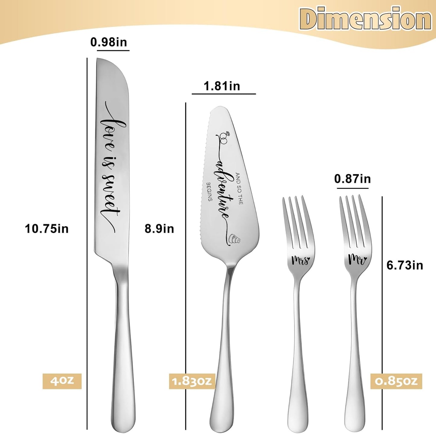 Engraved Wedding Cake Knife and Server Set, Silver Wedding Cake Cutting Set, 4 Pcs Includes Mr and Mrs Forks, Funny Engagements Gifts for Couple