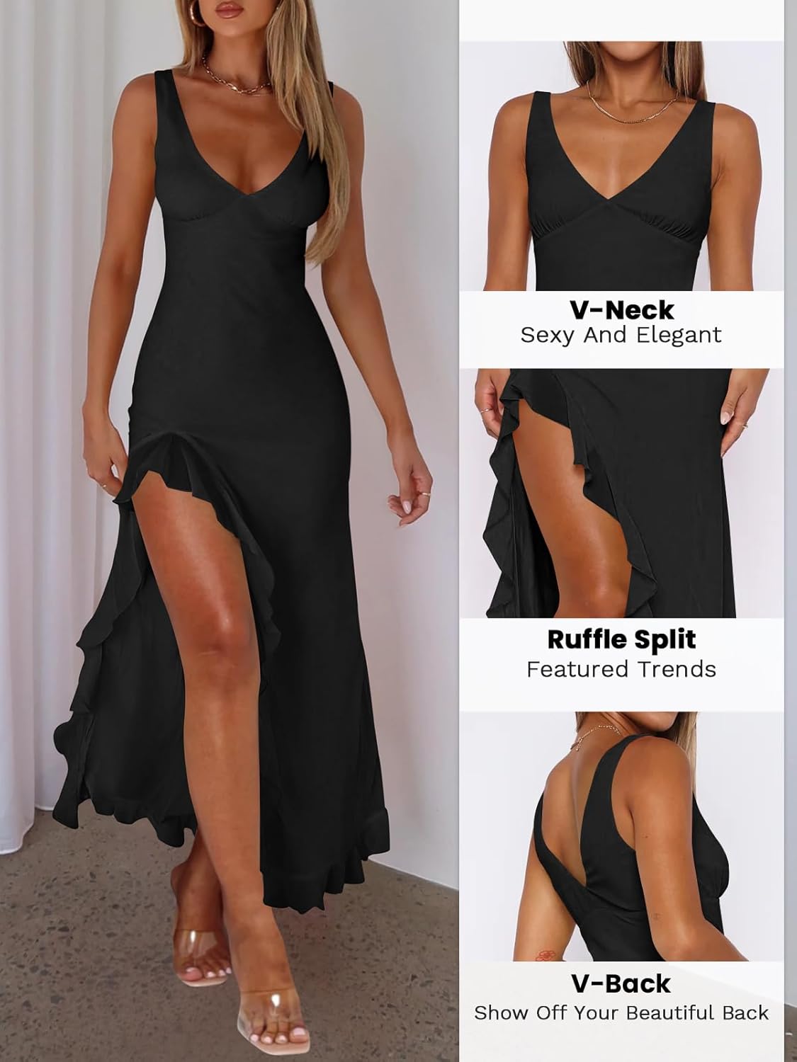 Women Sexy V Neck Sleeveless Mesh Ruffle Hem Bodycon Maxi Casual Backless High Slit Cocktail Party Dress
