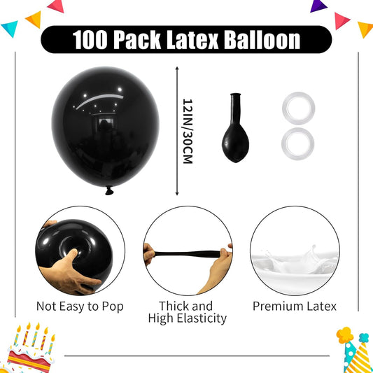 Black Balloons - 12 inch 100pcs Latex - Round Matte Black Birthday Balloon with 2 Ribbons, Helium Balloons for Birthday Party, Halloween,Graduation,Wedding,Anniversary,Baby Shower Decorations