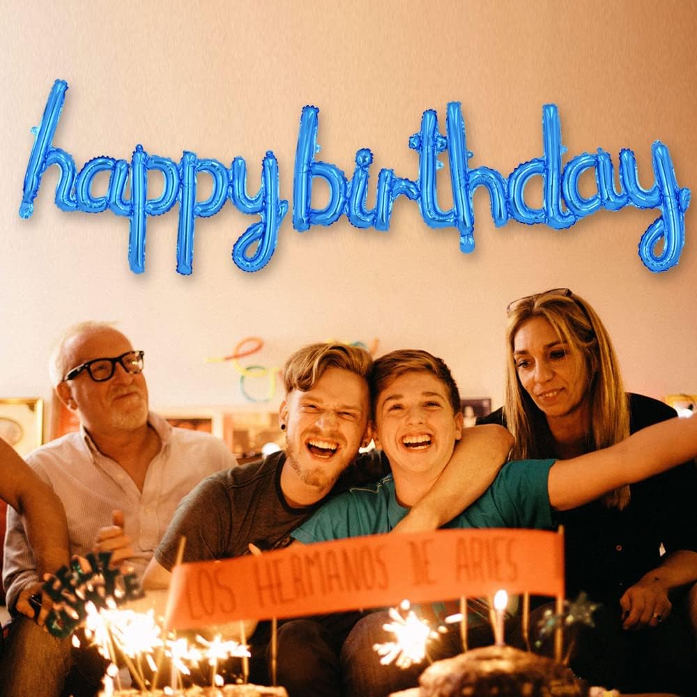 TONIFUL Blue Happy Birthday Balloons Banner, 16 Inch Mylar Foil Script/Cursive Letters Birthday Sign Banner Balloon Reusable Material for Girls Boys Kids & Adults Birthday Decorations