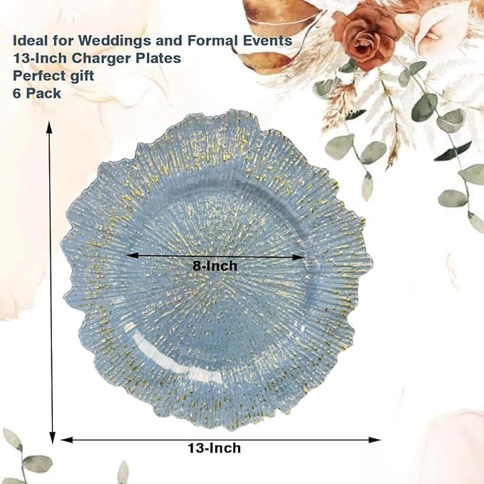 Blue Charger Plates,13 Inch Reef Plastic Chargers for Dinner Plate, Decorative Chargers for Wedding,Elegant Parties, Banquets and Table Decor(Set Of 6)