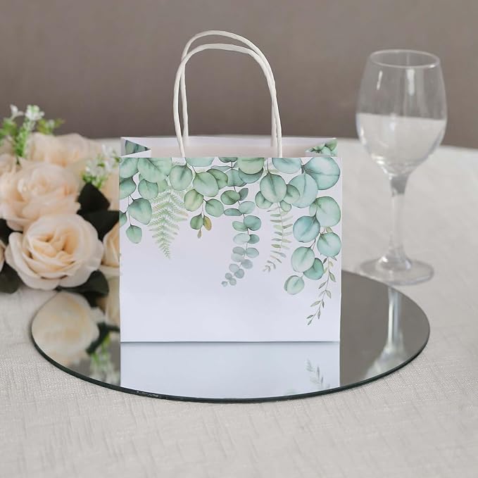 Efavormart 12 Pack 6"x7" Green Eucalyptus Paper Gift Bags with Handles - Botanical Party Favor Goodie Bags for Wedding and Baby Shower