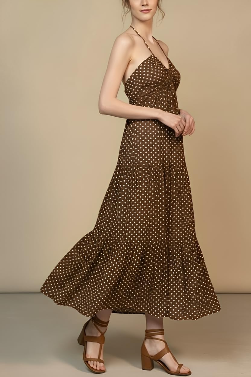 Women's Casual Halter Tiered Vacation Maxi Dress with Pockets