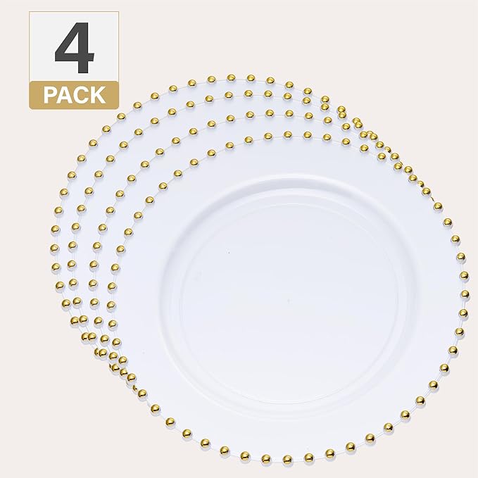 PLASTICPRO White with Gold Rim Plastic Charger Plates with Beaded Edge – Pack of 4 – 13" Elegant Round Disposable Chargers for Weddings, Events, Parties, and Dinners