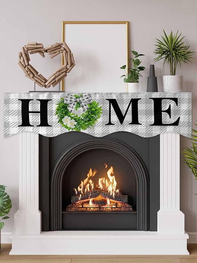 Rustic Home Fireplace Mantel Scarf Table Runner,Green Eucalyptus Leaves Wreath Wooden Plaid Winter Garland Mantel Top Tablerunners Dresser Scarves Cover for Windows Party Living Room 70"x17"
