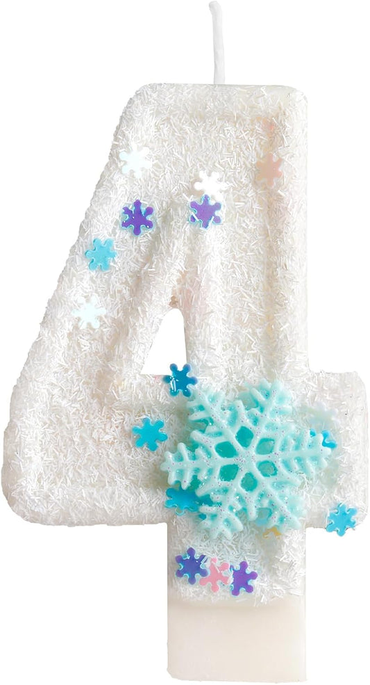 White Frozen Snow Themed Birthday Candles,White Snow Snowflake Number 4th Birthday Candle for Party Supplies,Winter Frozen Birthday Party Number 4 Cake Topper Decorations