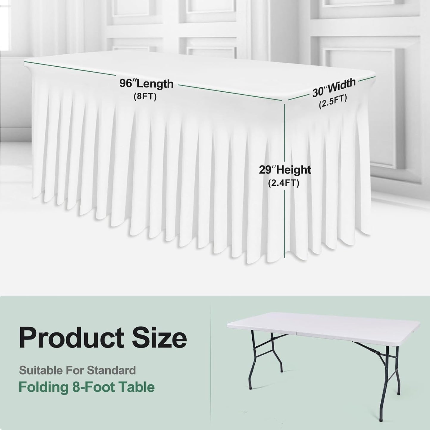 Table Skirts for Rectangle Tables 8ft - 2 Pack One-Piece White Tablecloths and Skirt, Wrinkle Resistant Ruffles Elastic Cover for Banquets, Weddings, Events, Parties