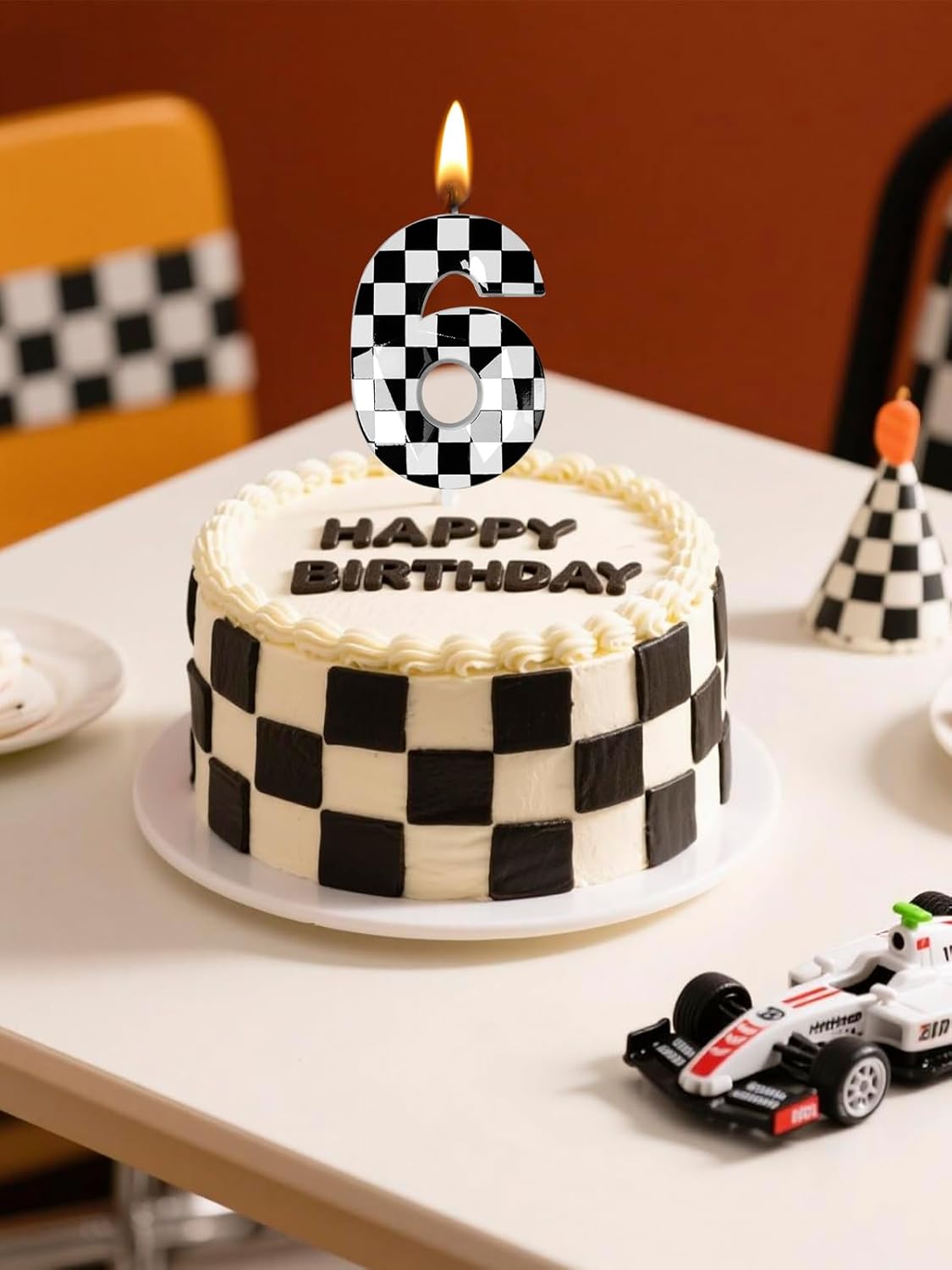Number 6 Racing Cars Birthday Candles,2.68 Inch Black White Checkered Birthday Number Candles, Cool Racing Themed Number Candles for Boys and Girls, Kids Race Car Themed Party Decorations Supplies