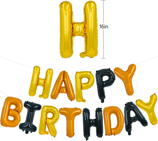 TONIFUL Happy Birthday Balloons Banner with Ribbon Straw,16 Inch Mylar Letters Birthday Sign Banner Balloon Bunting Reusable for Construction Birthday Party Supplies（Gold Orange Black）