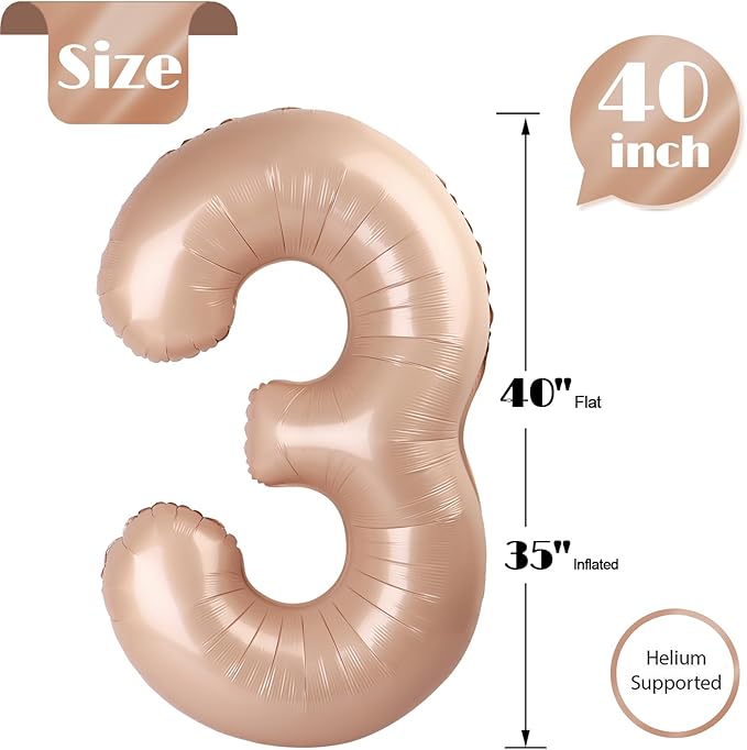 Light Brown 3 Balloon, Tan Number Balloons 40 Inch, Beige 3rd Birthday Decorations for Kids Girls Boys, Men Women Sandy Brown Party Supplies for Party Decorations, Khaki Number 3 Balloon