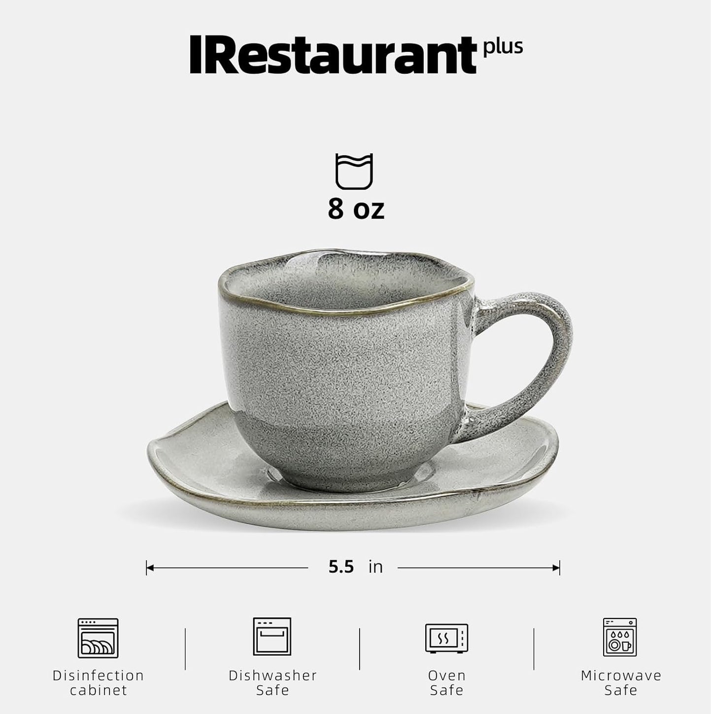 Organic Shape Restaurant 8oz Coffee Cup and Saucer, Commerical Grade Catering Stoneware Cups and Saucers in Ir-regular Organic Shape, Chip & Scratch Resistant, Glossy Reactive Glaze Grey, Case of 24