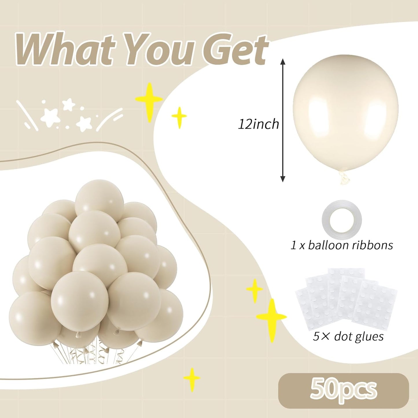 50pcs Sand White Balloons, 12inch White Sand Party Latex Balloon, Helium Ivory Balloons for Birthday Wedding Baby Shower Gender Reveal Party Decoration (with Ribbon & Glue)