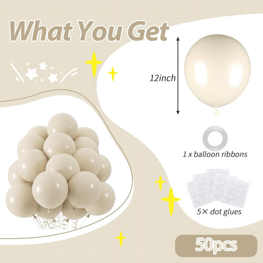 50pcs Sand White Balloons, 12inch White Sand Party Latex Balloon, Helium Ivory Balloons for Birthday Wedding Baby Shower Gender Reveal Party Decoration (with Ribbon & Glue)