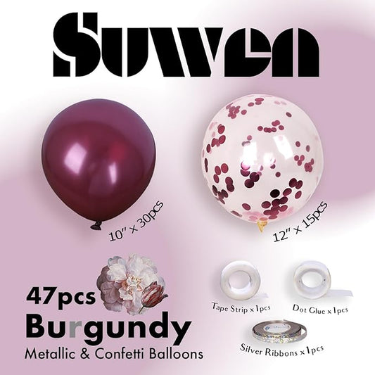 SUWEN Burgundy Balloons and Burgundy Confetti Balloons Set 47PCS Shiny Latex Helium Maroon Balloon for Birthday Graduation Anniversary Party Decorations