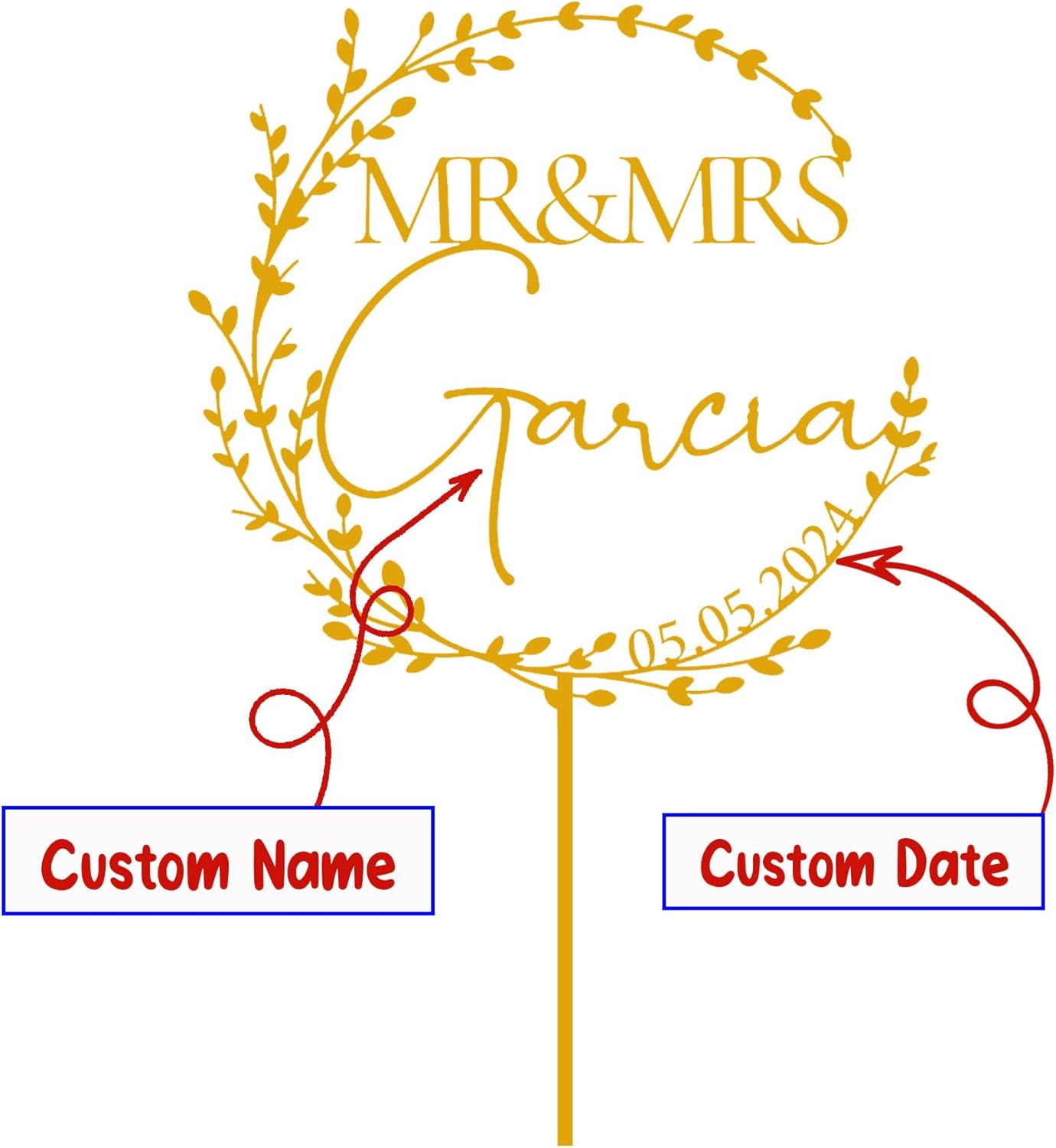 Custom Wedding Cake Topper - Personalized Mr Mrs Cake Toppers - Wood/Acrylic - Silver/Gold/Rose Gold Color Options - Elegant Wreath Design, Gift for Wedding, Anniversary, Engagements, Christmas