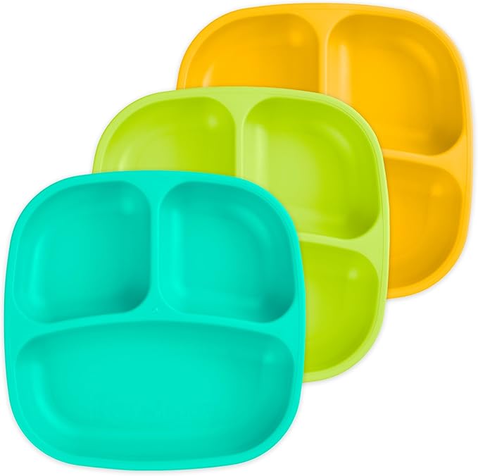 Re-Play Toddler Plates with Dividers - Deep-Walled 3 Compartments Divided Plates for Kids - Dishwasher & Microwave Safe - Made in USA - Set of 3-7.37" x 7.37" x 1.25" - Aqua Asst