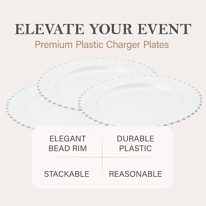 PLASTICPRO White Plastic Charger Plates with Beaded Edge – Pack of 8 – 13" Elegant Round Disposable Chargers for Weddings, Events, Parties, and Dinners
