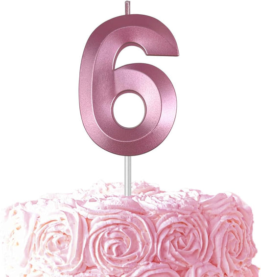 Pink Number 6 Candles, 3D Diamond 2.76 Inch Cake Topper Birthday Candles for Wedding Anniversary Cake Decorations, Happy Birthday Party Decorations