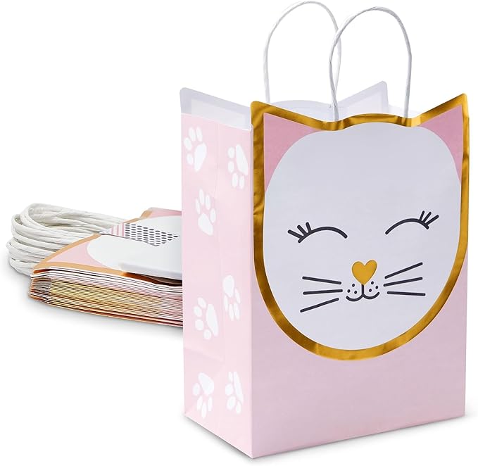 Sparkle and Bash Cat Gift Bags for Birthday Party Favors - 8 x 10 x 4.7 in, Pack of 15 & 20 White Tissue Sheets - Kitten Party Bags & Candy Treat Pouches