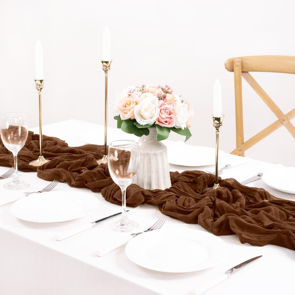 MLMC Brown Cheesecloth Table Runner 10ft Boho Rustic Gauze Coffee Cheese Cloth Table Runner Neutral Fall Centerpiece Decor 35x120 Inches for Wedding Farmhouse Reception Home Decor