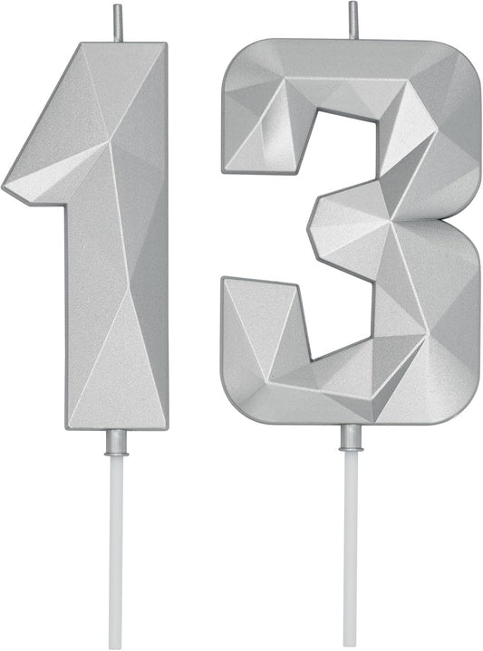 DERVENTA Birthday Candle Big Number 3D Silver 3.7 inch Party Celebration Anniversary Decoration Cake Topper 1 Piece (Number 13 Silver)