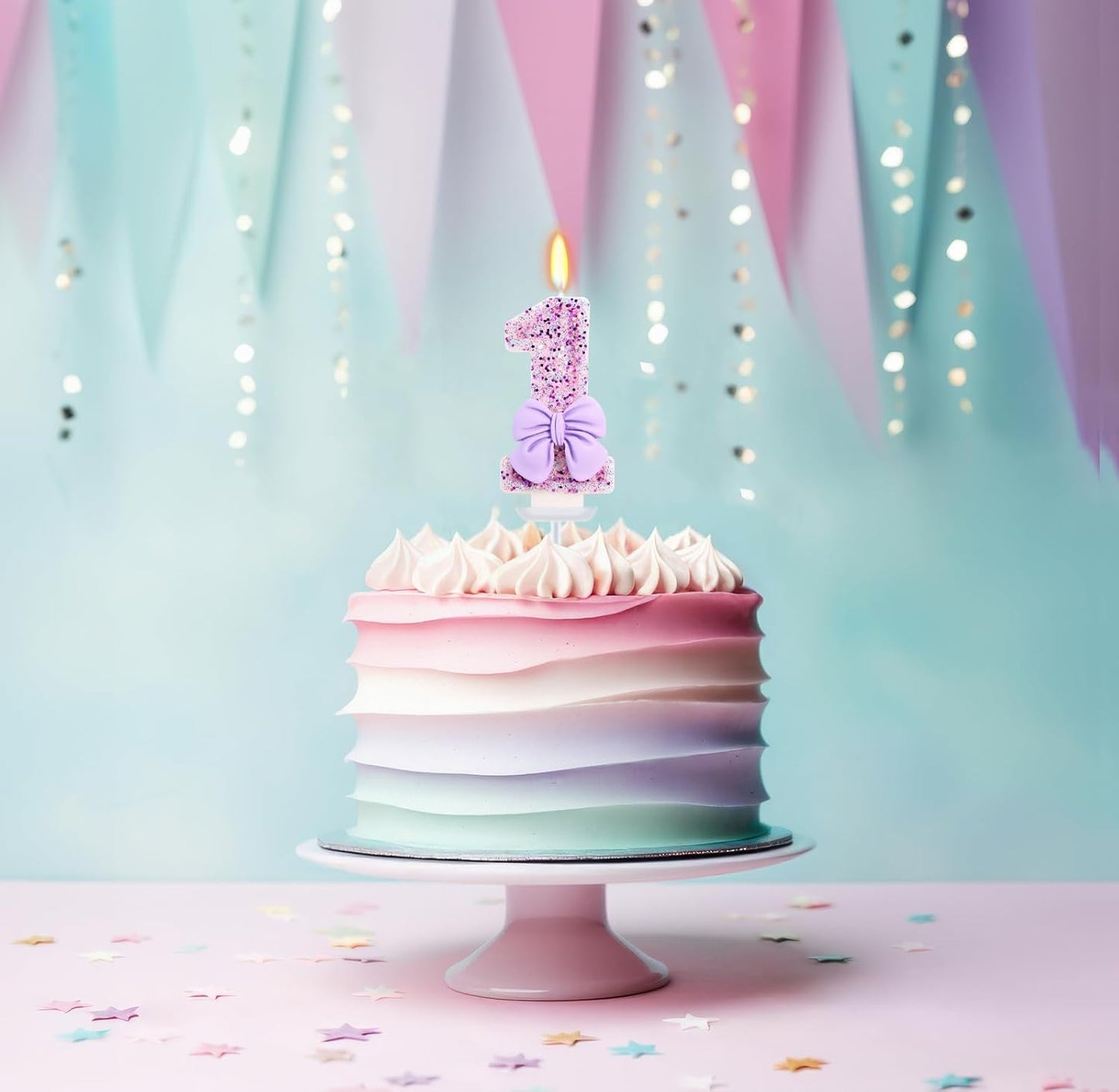 Birthday Candle for Cake, 1 Candle - Purple Bowknot, 2.76 inch Cake Topper Decoration for 1 Year Old Birthday Party (Number 1)