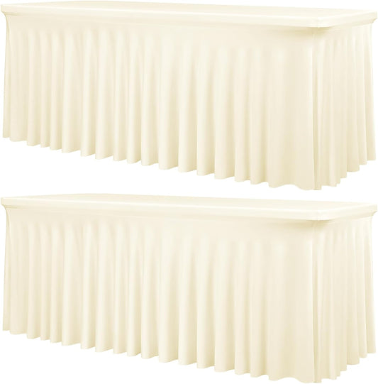 2 Packs Ivory Stretch Table Skirts for 6 Foot Rectangle Table, Washable Spandex Stretch Tablecloths with Skirt, Wrinkle Resistant Fitted Tablecover for Wedding Party Banquet