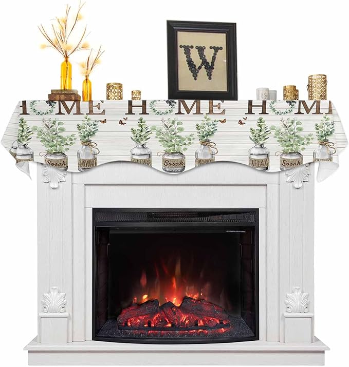 Eucalyptus Leaves Fireplace Mantel Scarf Table Runner, Farmhouse Botanical Plants Wooden Grain Winter Garland Mantel Top Tablerunners Dresser Scarves Decor for Windows Party Living Room 90''x17''