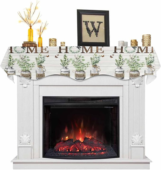 Eucalyptus Leaves Fireplace Mantel Scarf Table Runner, Farmhouse Botanical Plants Wooden Grain Winter Garland Mantel Top Tablerunners Dresser Scarves Decor for Windows Party Living Room 90''x17''