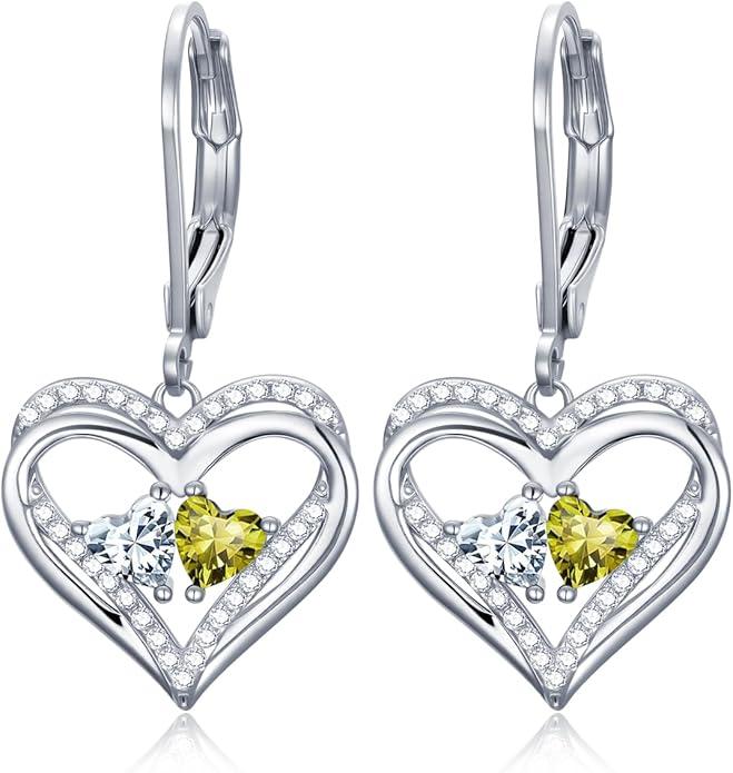 Valentines Day Gifts for Women, Heart Leverback Earrings Double Birthstone Dangle Earrings for Women, Love Jewelry for Her, Anniversary Birthday Gift for Mom Wife Girlfriend