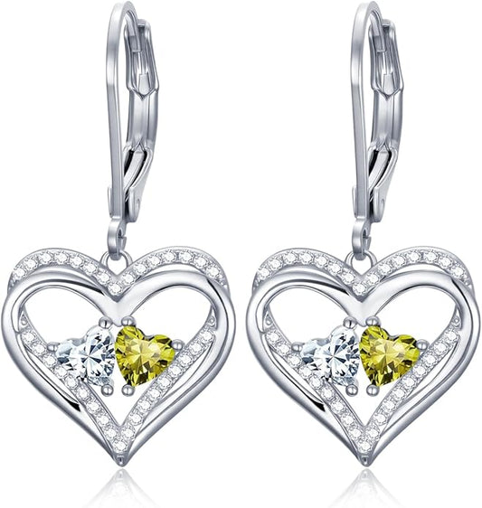 Valentines Day Gifts for Women, Heart Leverback Earrings Double Birthstone Dangle Earrings for Women, Love Jewelry for Her, Anniversary Birthday Gift for Mom Wife Girlfriend