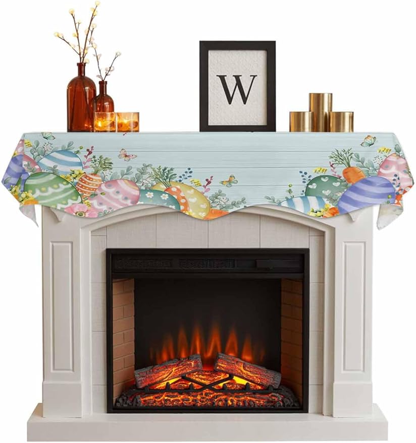 Easter Eggs Fireplace Mantel Scarf Table Runner, Spring Botanical Flowers Eucalyptus Leaf Wood Winter Garland Mantel Top Tablerunners Dresser Scarves Cover for Windows Party Living Room 60''x17''