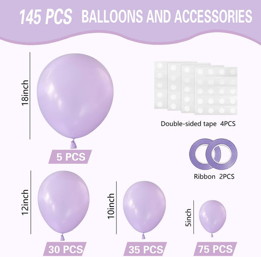 Pastel Purple Balloons 145pcs Different Sizes 18 12 10 5 Inches Light Purple Lavender Lilac Latex Balloon Garland Arch for Birthday Baby Shower Wedding Anniversary Party Decorations