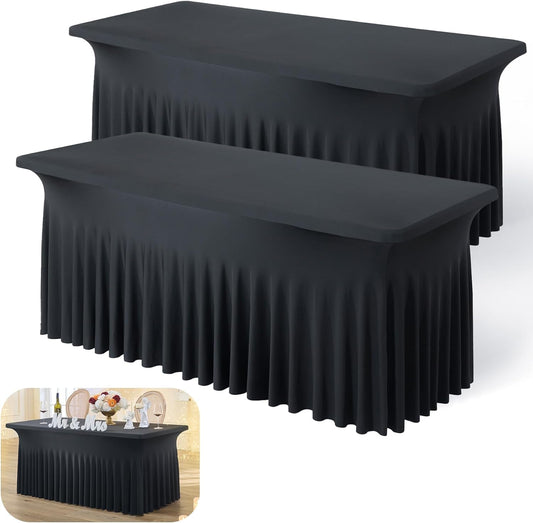 2pk Black Spandex Tablecloths 4ft for Rectangle Tables, Wrinkle Free Classy Table Skirt Stretchy Fitted Table Cloths Covers 4 Foot for Weddings Birthday Party Events Banquette Baby Shower