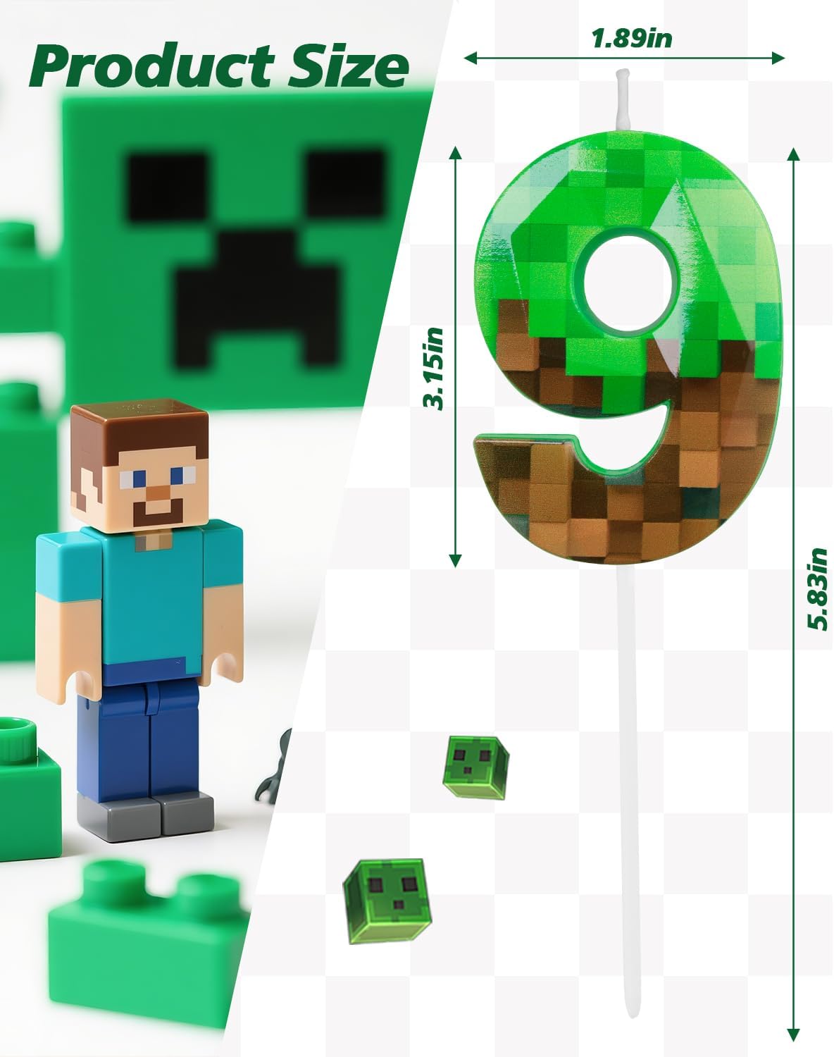 Pixel Birthday Candle, 2.68 Inch Miner Number Candles, Game Themed Candle Birthday Decoration for Pixel Theme Birthday Anniversary Dynamite Video Game Party (Green, 9)