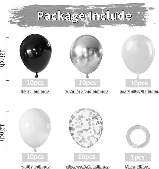 Zesliwy Black Silver Balloons Set,50pcs 12inch Metallic Silver Black White Pearl Silver Balloon with Confetti Latex Balloons for Birthday Wedding Graduation Anniversary Party Decorations