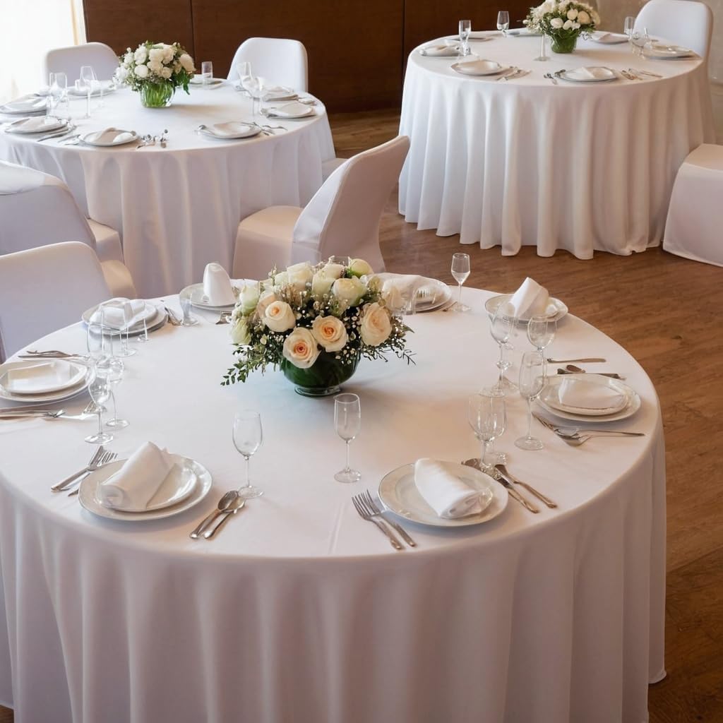 HolidayIdeas White Spandex Round Tablecloths for 60in Wedding Table, 5ft Fitted Stretch Table Skirts 120 Inch, Wrinkle-Free Ruffle Design Tablecloths for Banquets,Trade Shows, Parties, Events, 6 Pack