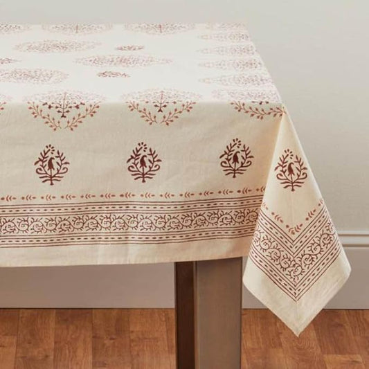 Block Print Cotton Dining Table Cloth, 90" x 60", Rectangle Tablecloth, Decorative Fabric Table Cover, Holidays, Thanksgiving, Christmas, Weddings, Housewarming Gift (Beige Brown Henna)