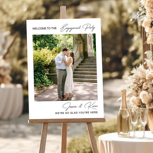 Minimalist Polaroid Style Photo Welcome Sign - "Engagement Party" Decor with Custom Couple Photo