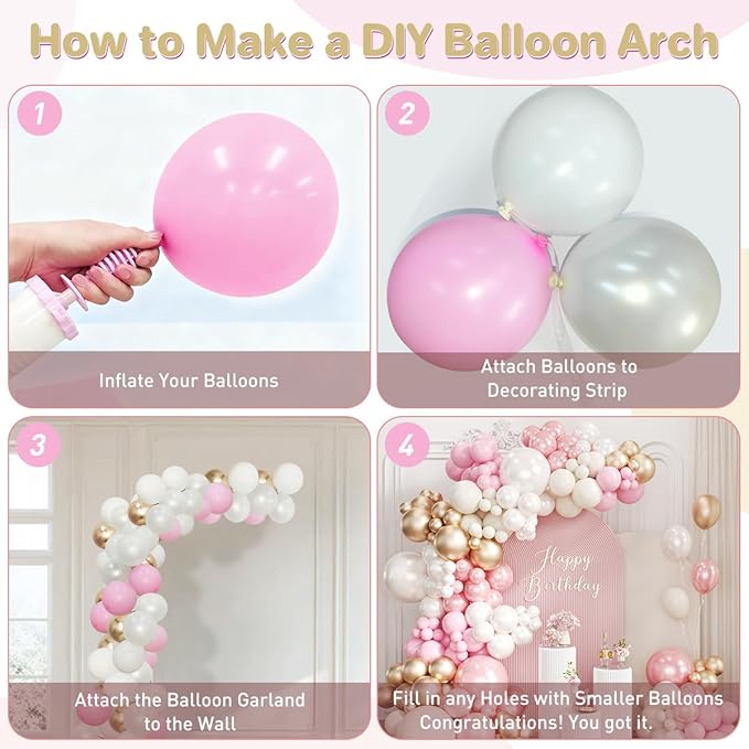 Pastel Pink White and Gold Balloons Garland Arch Kit, 167Pcs Latex Balloons Different Sizes 18 12 10 5 inch for Girl Birthday Baby Shower Graduation Wedding Party Decoration