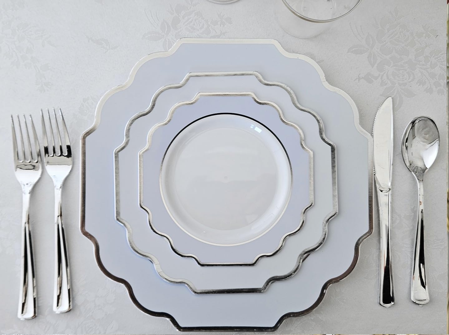 " OCCASIONS " 50 Plates Pack (25 Guests)-Heavyweight Wedding Party Disposable Plastic Plate Set -(25x10.5'' Dinner + 25x8'' Salad/dessert (Imperial in White/Blue & Silver)