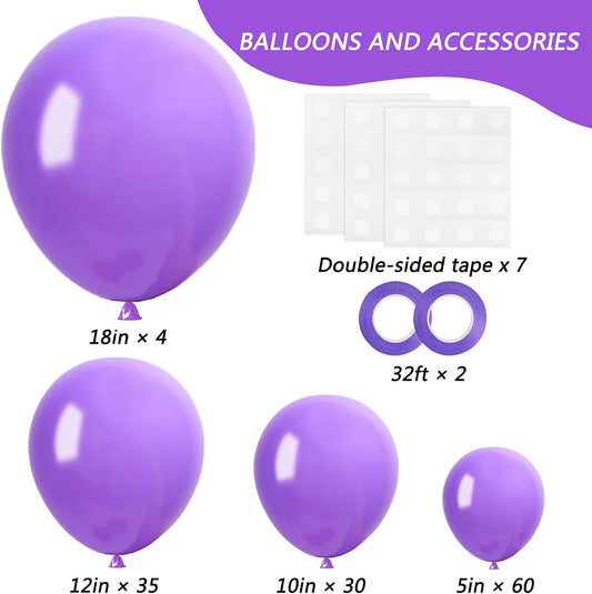 RUBFAC 129pcs Purple Balloons Different Sizes 18 12 10 5 Inch, Lavender Lilac Latex Balloon Garland Arch Kit for Halloween Masquerade Party Decorations Birthday Anniversary Baby Shower Party Supplies